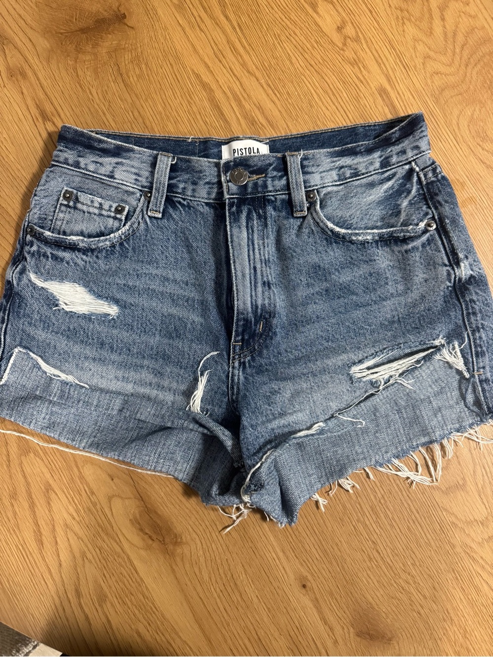pistola Distressed Light Blue High-Rise Denim Shorts